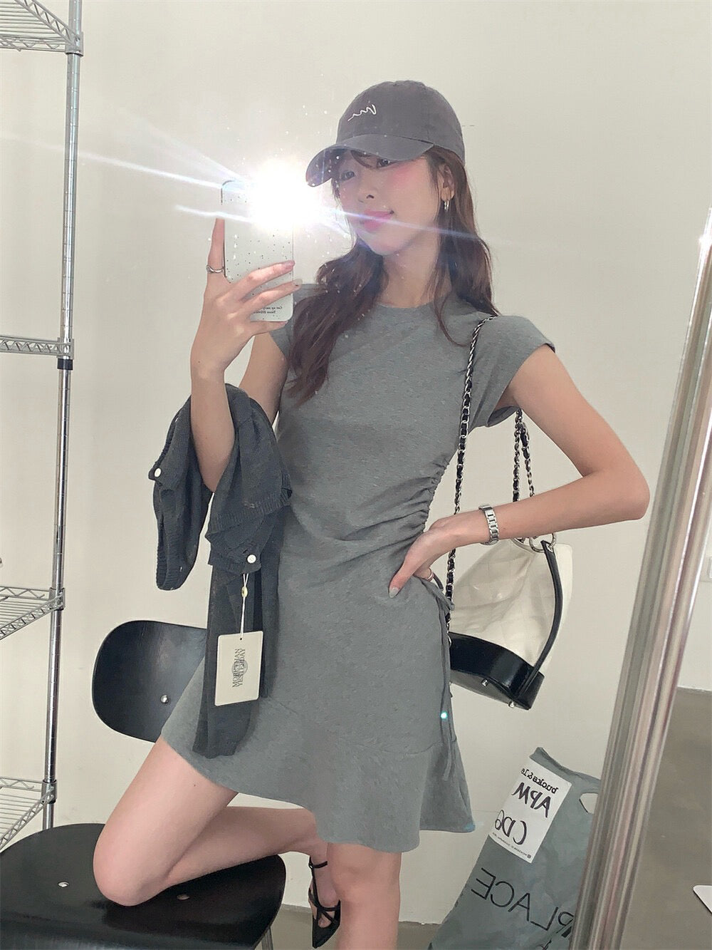 Side Drawstring Fitted Flutter Sleeve Dress