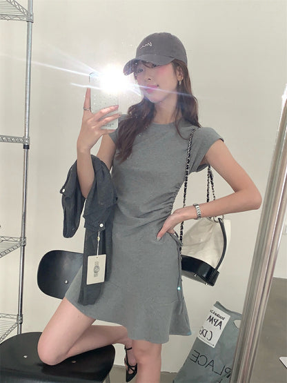 Side Drawstring Fitted Flutter Sleeve Dress