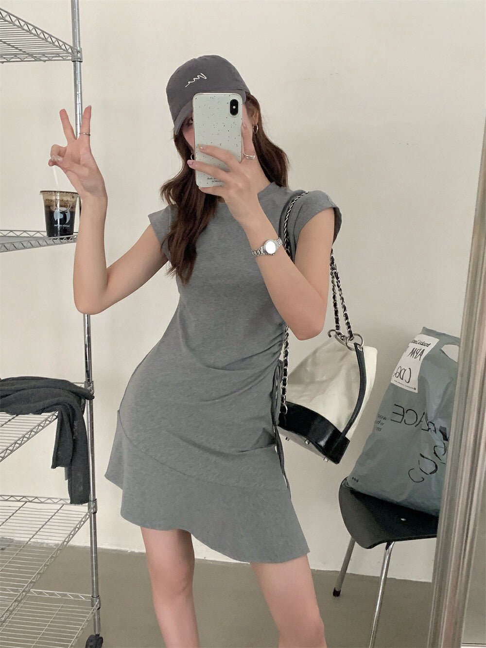 Side Drawstring Fitted Flutter Sleeve Dress