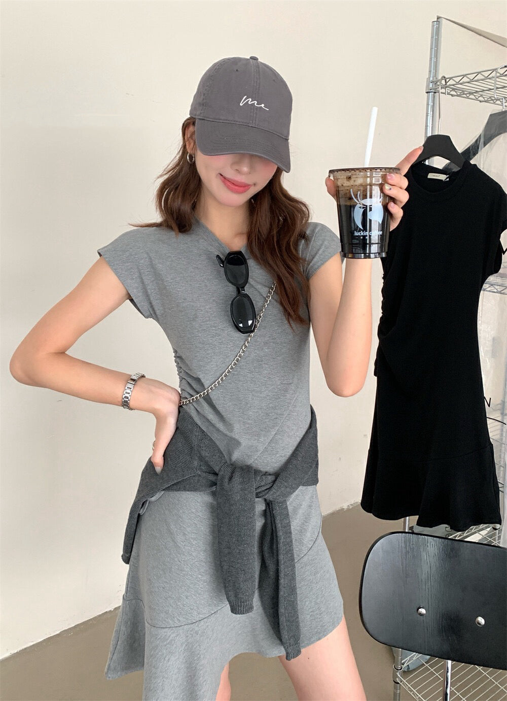 Side Drawstring Fitted Flutter Sleeve Dress