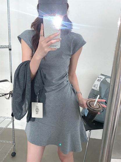 Side Drawstring Fitted Flutter Sleeve Dress