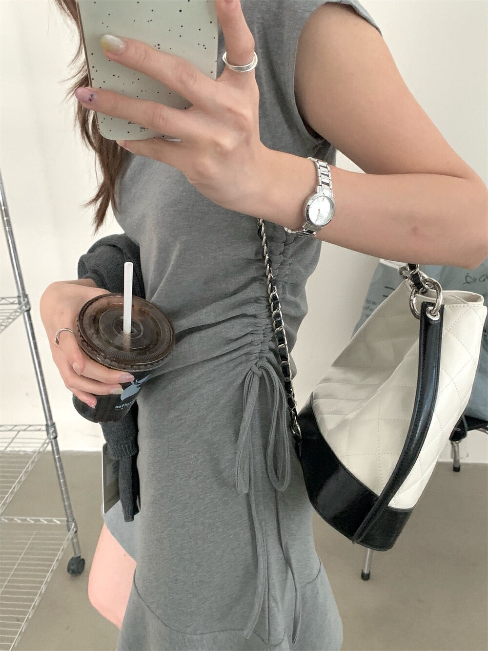 Side Drawstring Fitted Flutter Sleeve Dress