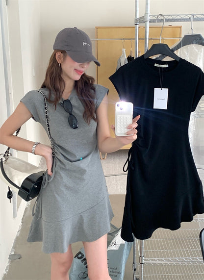 Side Drawstring Fitted Flutter Sleeve Dress