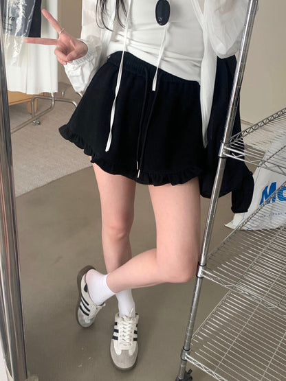 Ruffle Hem High-Waisted Drawstring Shorts