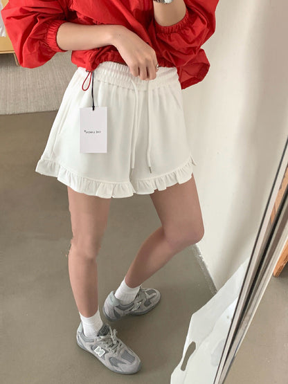 Ruffle Hem High-Waisted Drawstring Shorts