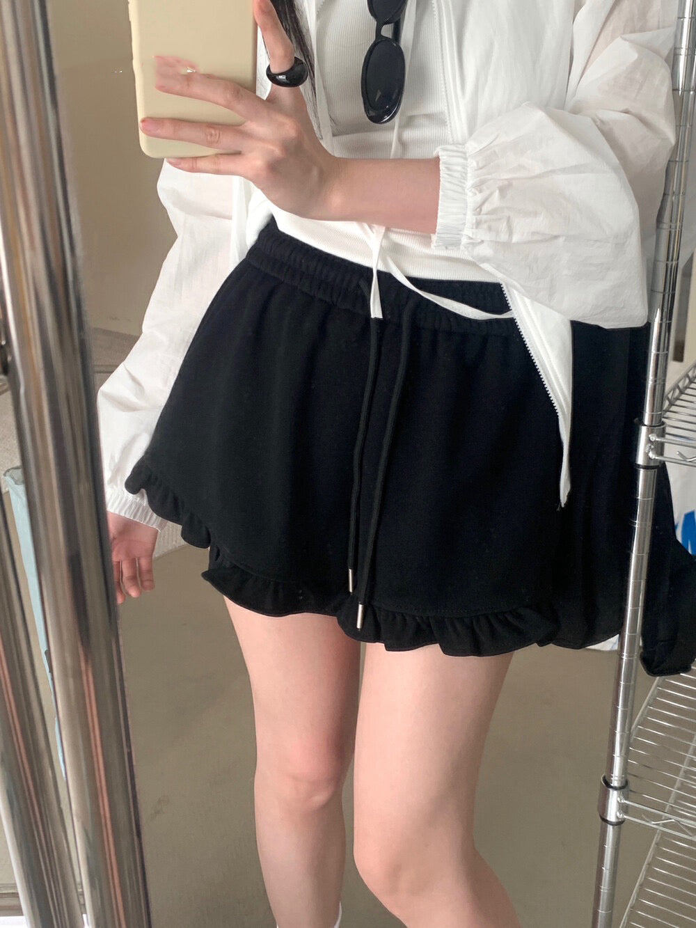 Ruffle Hem High-Waisted Drawstring Shorts