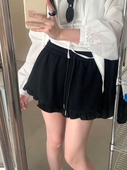 Ruffle Hem High-Waisted Drawstring Shorts