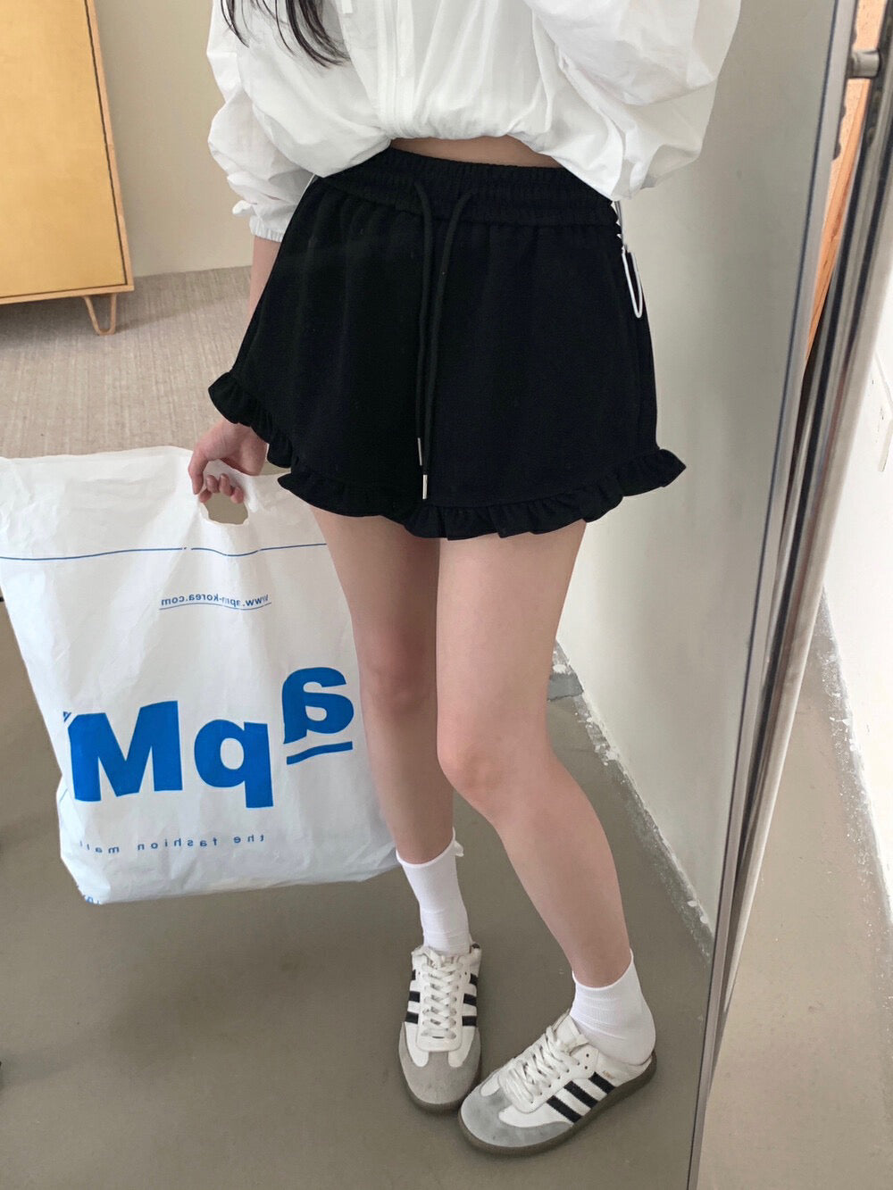 Ruffle Hem High-Waisted Drawstring Shorts