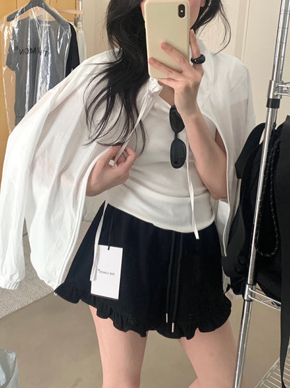 Ruffle Hem High-Waisted Drawstring Shorts