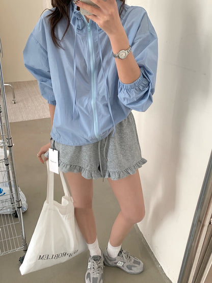 Ruffle Hem High-Waisted Drawstring Shorts