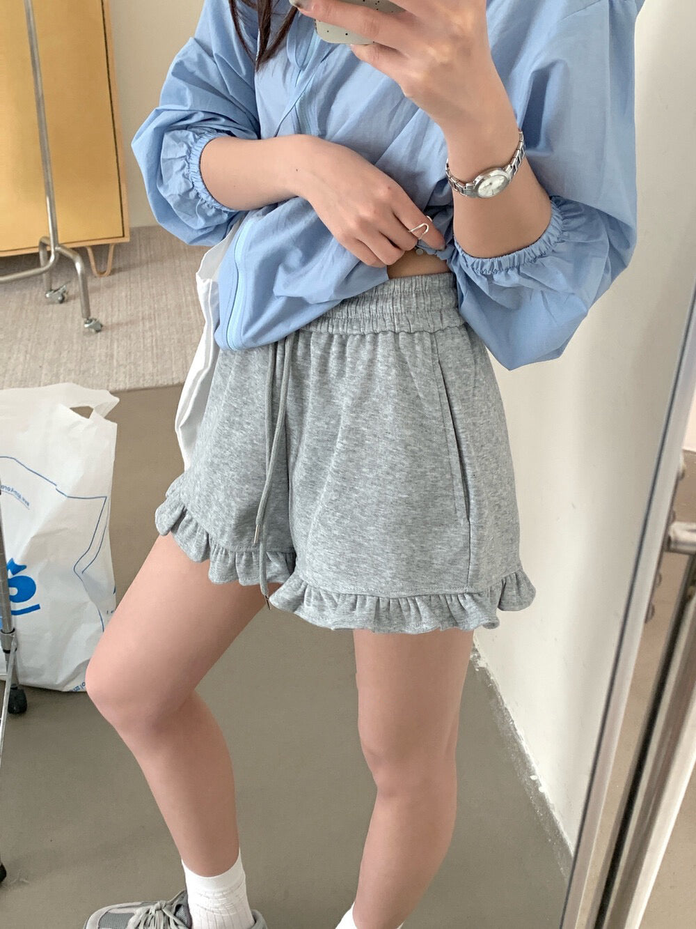 Ruffle Hem High-Waisted Drawstring Shorts