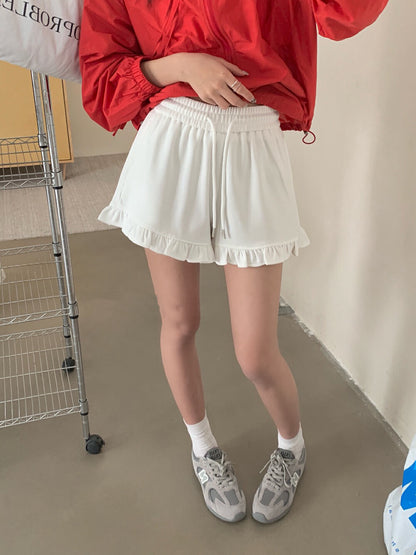 Ruffle Hem High-Waisted Drawstring Shorts