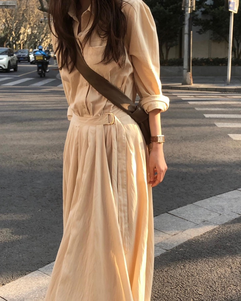 百褶系帶收腰假兩件恤衫裙