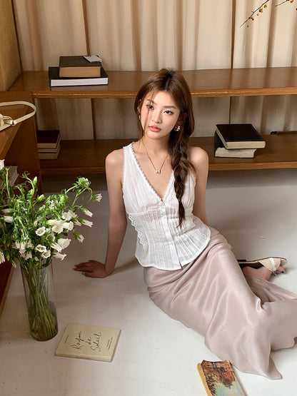 蕾絲花邊系帶背心+緞面修身包臀魚尾裙set