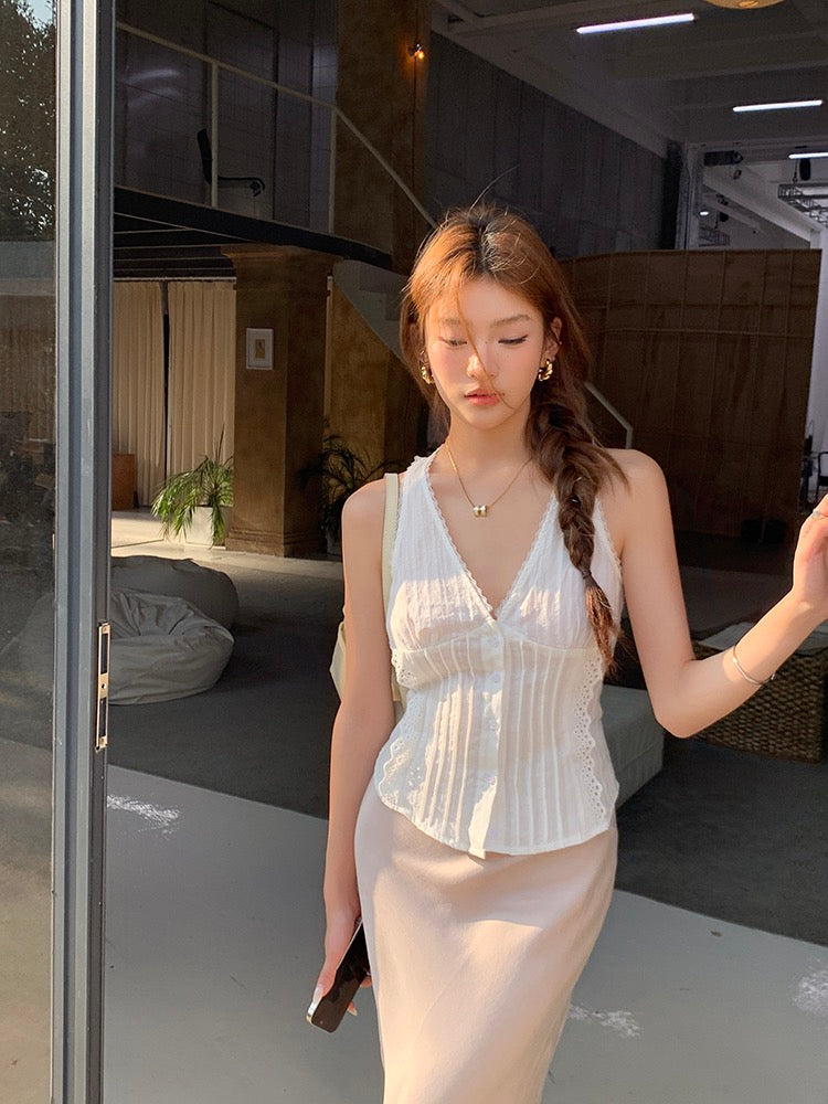 蕾絲花邊系帶背心+緞面修身包臀魚尾裙set