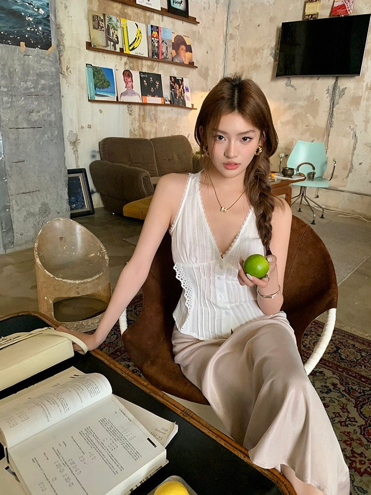 蕾絲花邊系帶背心+緞面修身包臀魚尾裙set