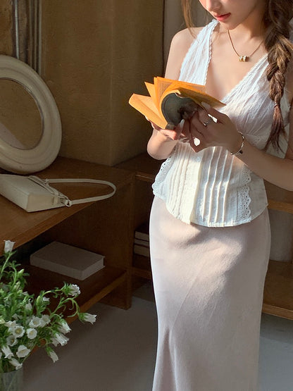 蕾絲花邊系帶背心+緞面修身包臀魚尾裙set