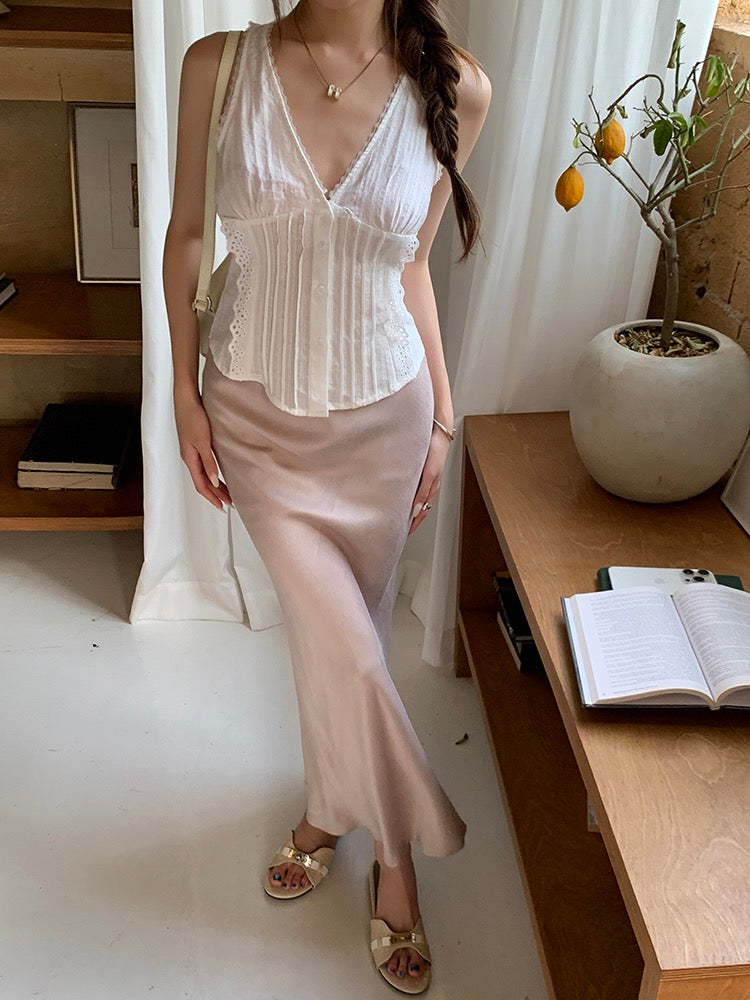 蕾絲花邊系帶背心+緞面修身包臀魚尾裙set