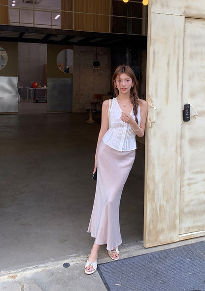 蕾絲花邊系帶背心+緞面修身包臀魚尾裙set