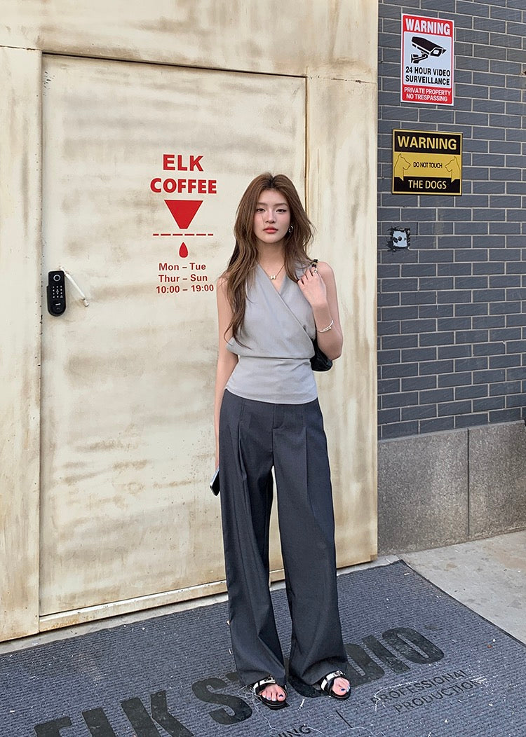 V領背心綁帶top+休閒長褲set