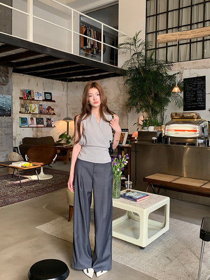 V領背心綁帶top+休閒長褲set