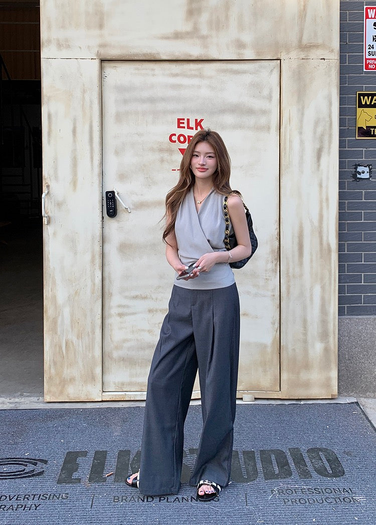 V領背心綁帶top+休閒長褲set