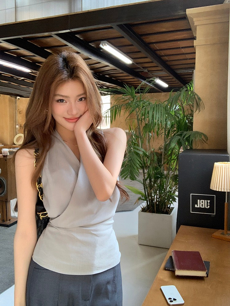 V領背心綁帶top+休閒長褲set