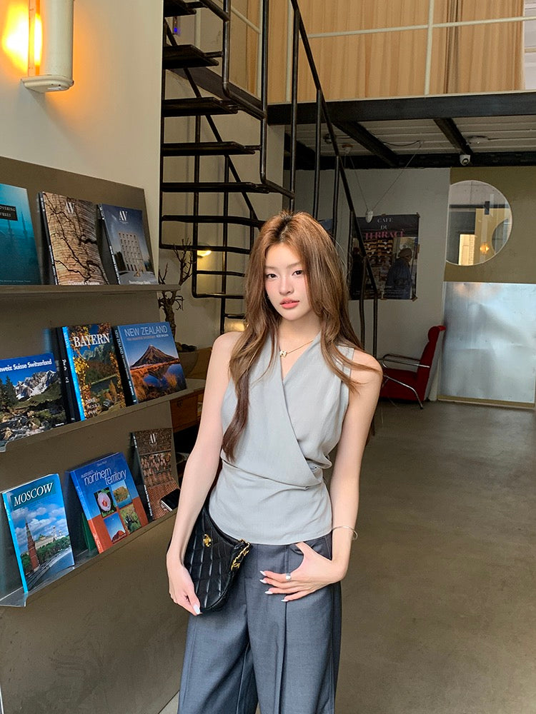 V領背心綁帶top+休閒長褲set