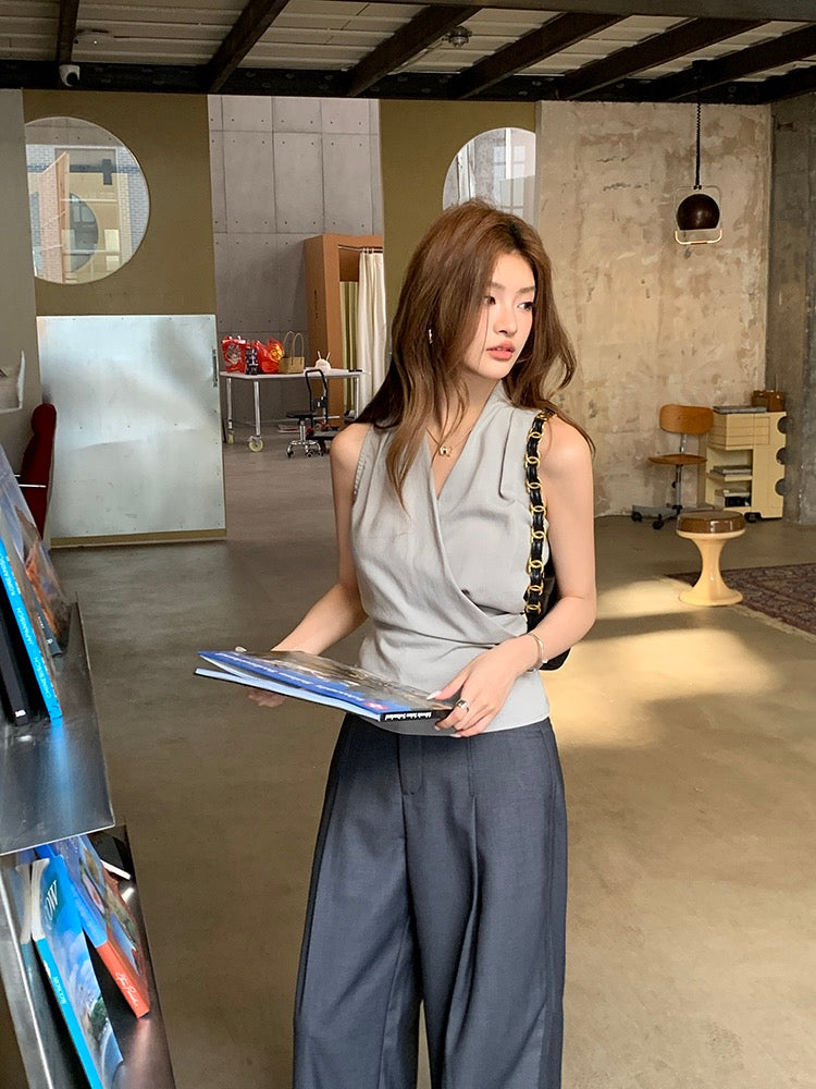 V領背心綁帶top+休閒長褲set