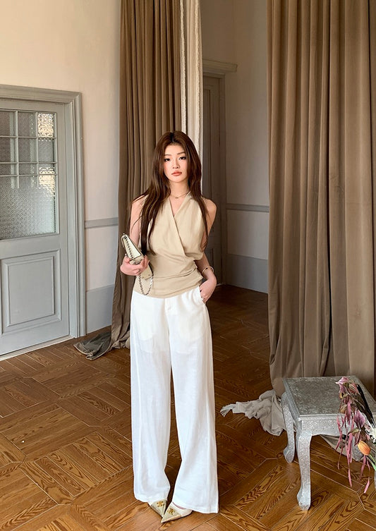 V領背心綁帶top+休閒長褲set