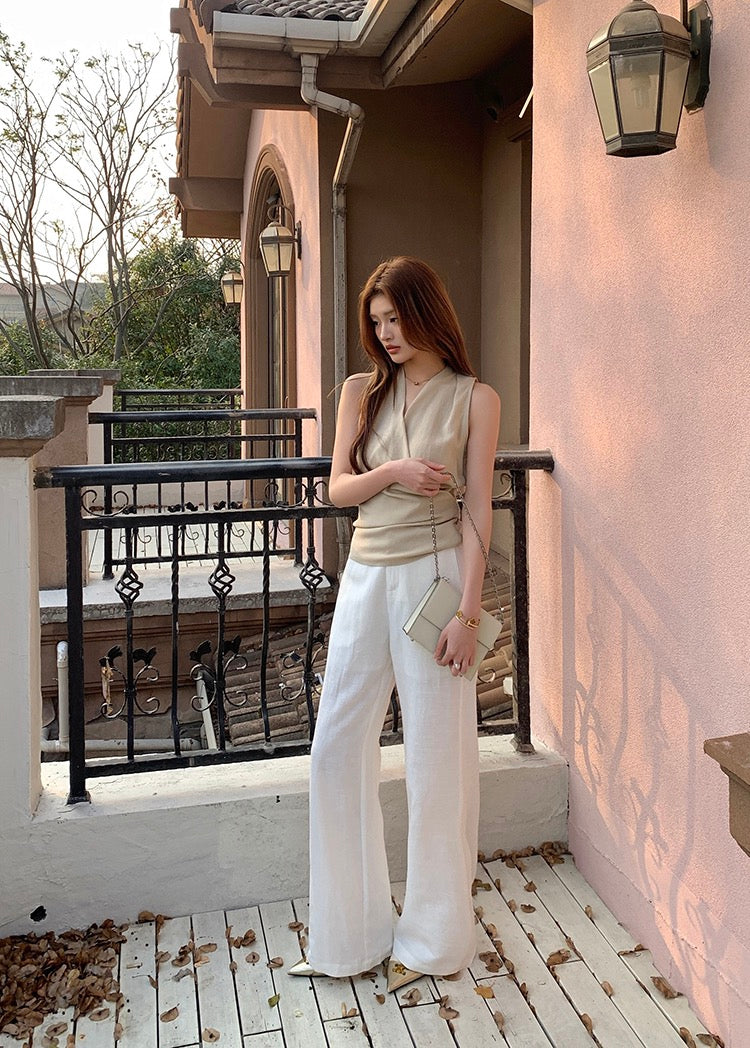 V領背心綁帶top+休閒長褲set