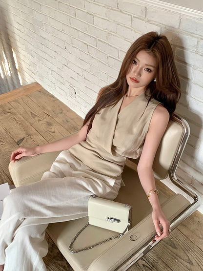 V領背心綁帶top+休閒長褲set