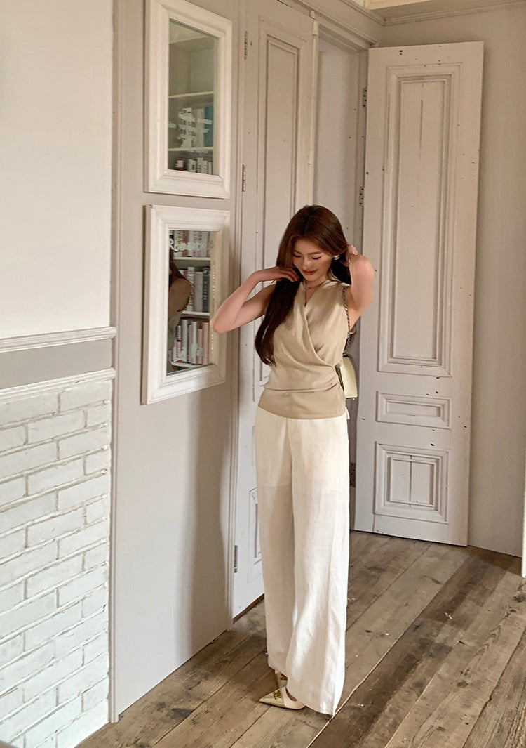 V領背心綁帶top+休閒長褲set