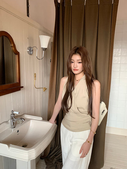 V領背心綁帶top+休閒長褲set