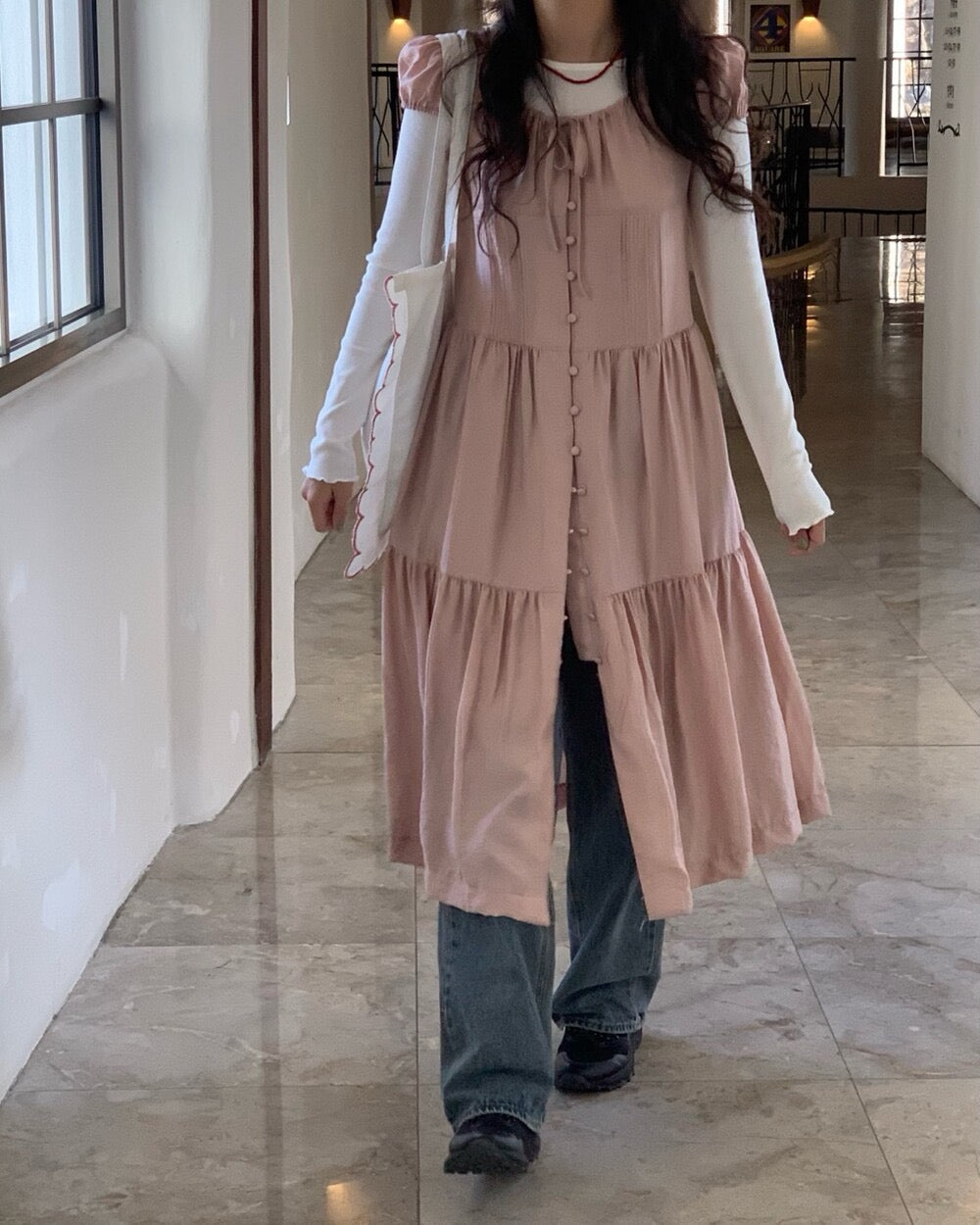 單排扣抽繩連身裙