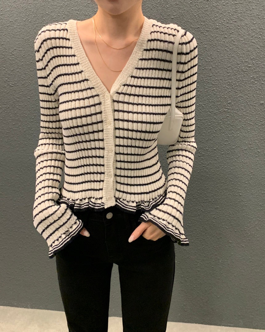 V領木耳邊撞色條紋top