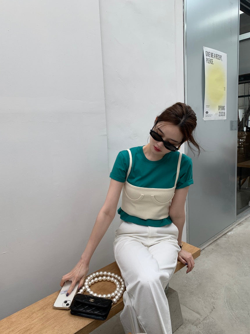 純色短袖T恤+小吊帶set