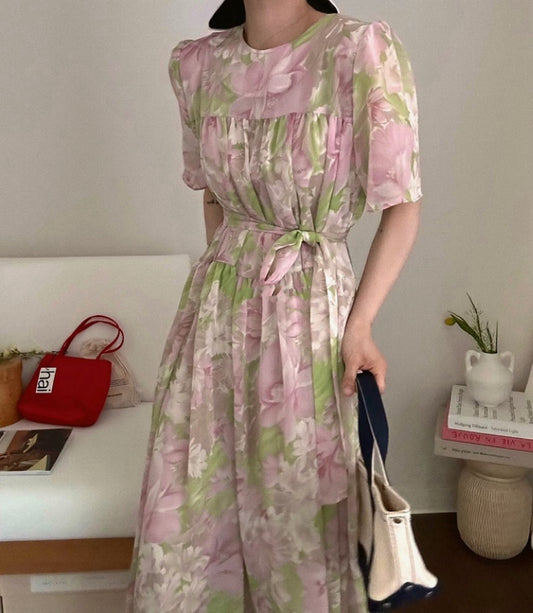 法式系帶碎花雪紡長裙