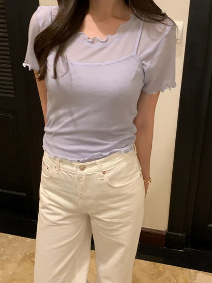 Minimalist Crew Neck Short Sleeve T-Shirt + Suspender Set