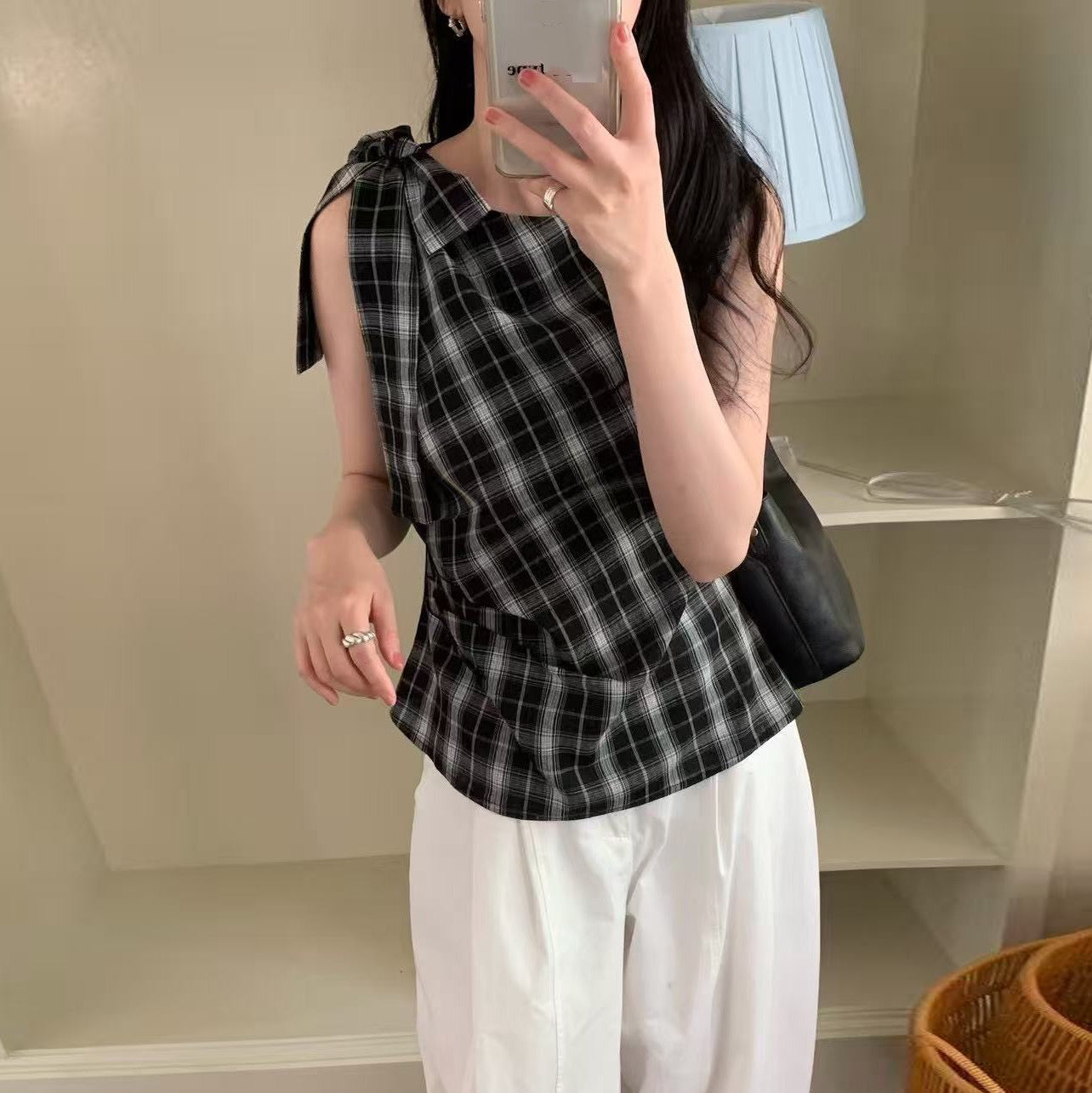 One-Shoulder Tie-Bow Plaid Vest