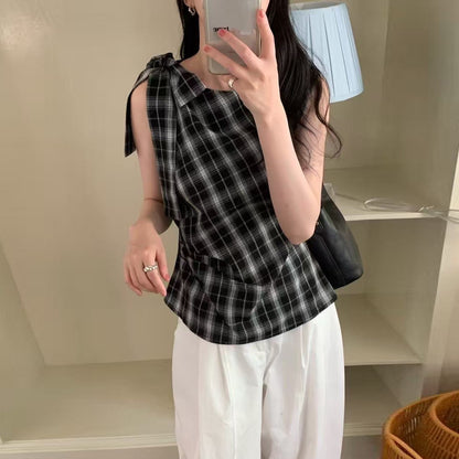 One-Shoulder Tie-Bow Plaid Vest