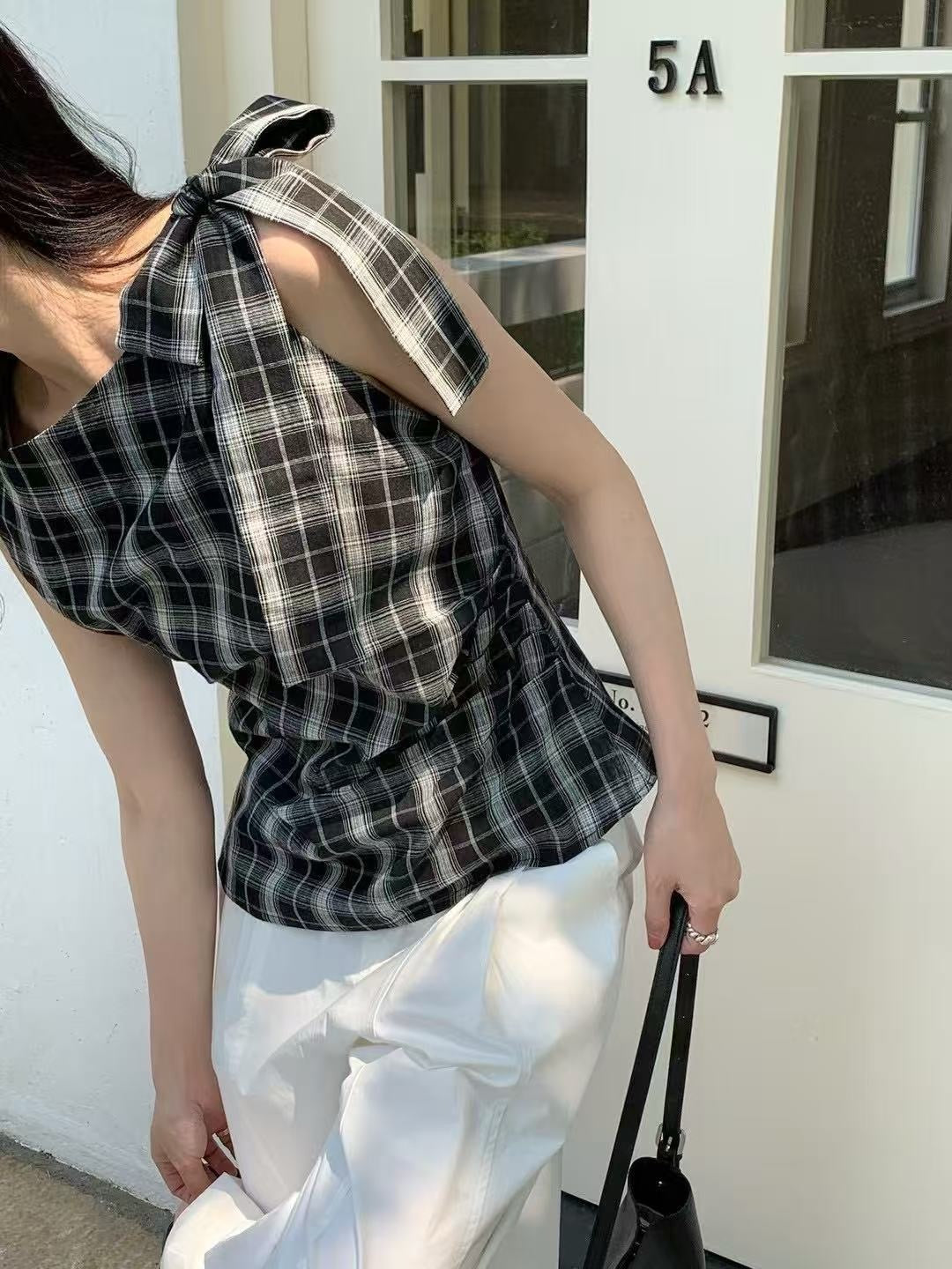 One-Shoulder Tie-Bow Plaid Vest