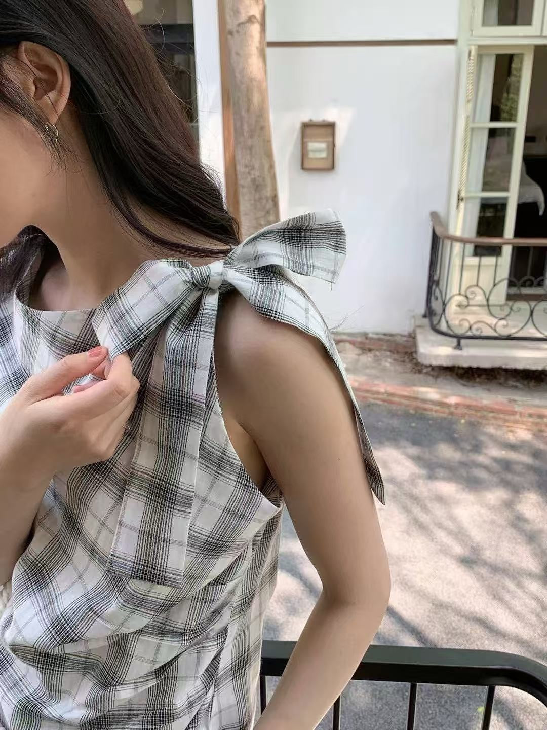 One-Shoulder Tie-Bow Plaid Vest