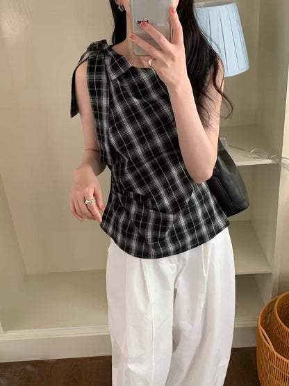 One-Shoulder Tie-Bow Plaid Vest