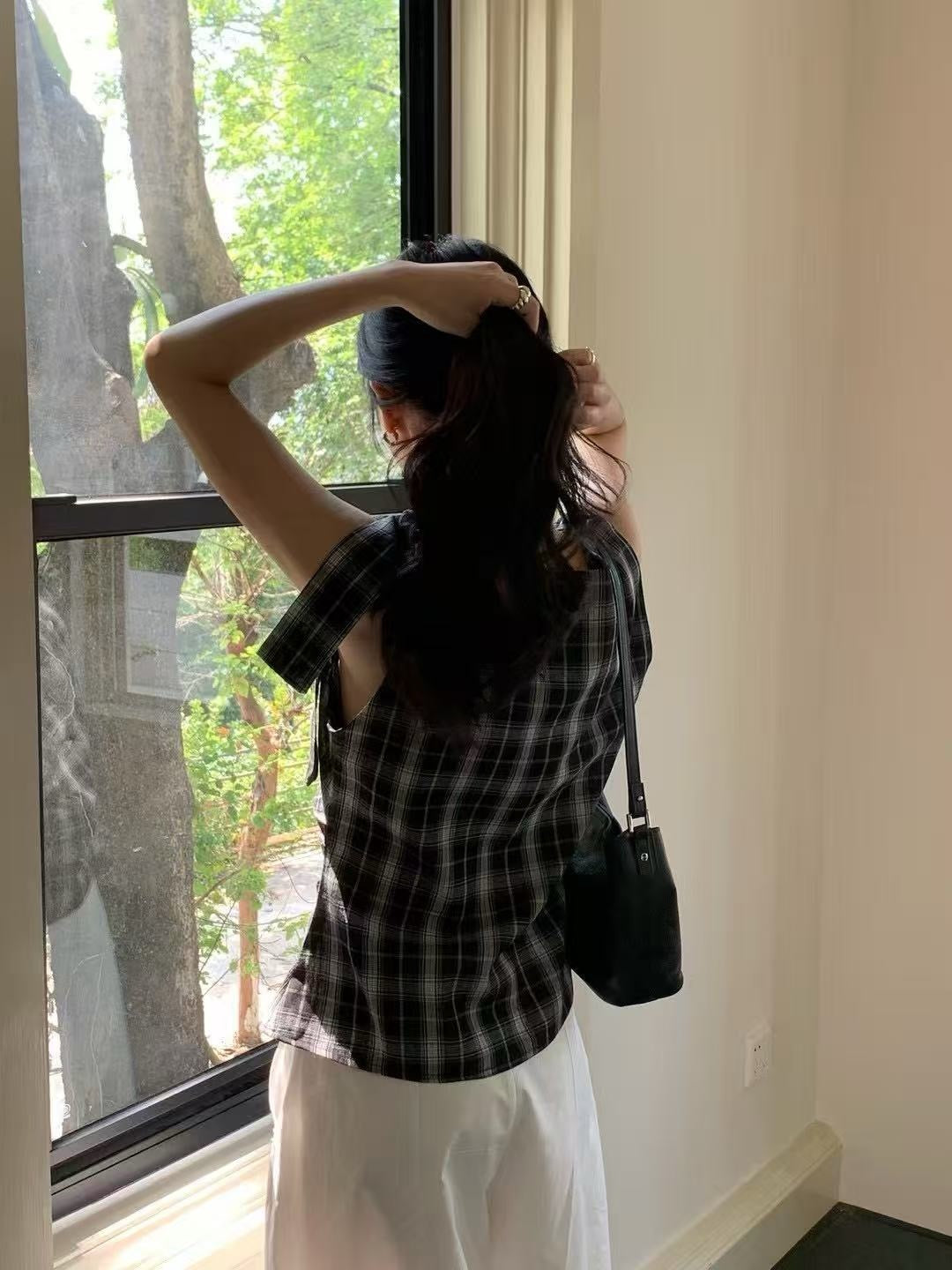 One-Shoulder Tie-Bow Plaid Vest