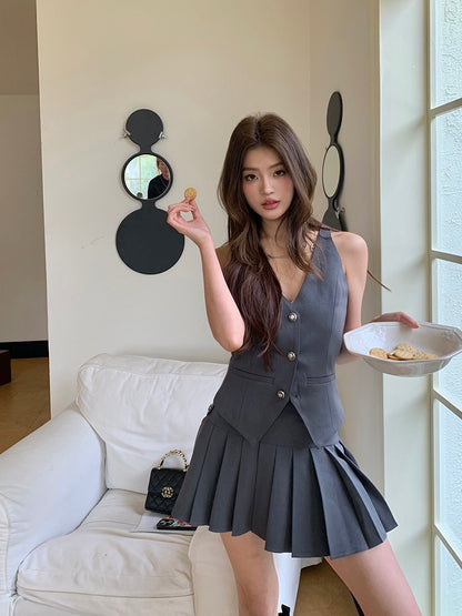 Vintage Preppy Style Vest + Pleated Skirt Set