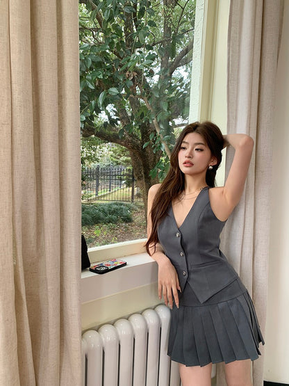 Vintage Preppy Style Vest + Pleated Skirt Set
