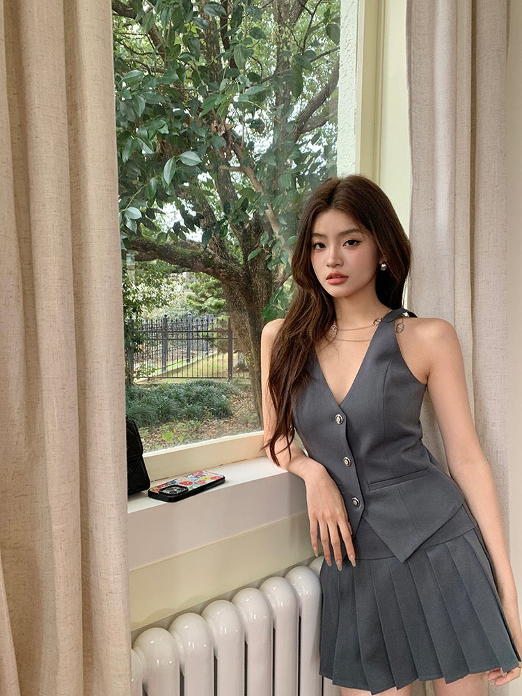 Vintage Preppy Style Vest + Pleated Skirt Set