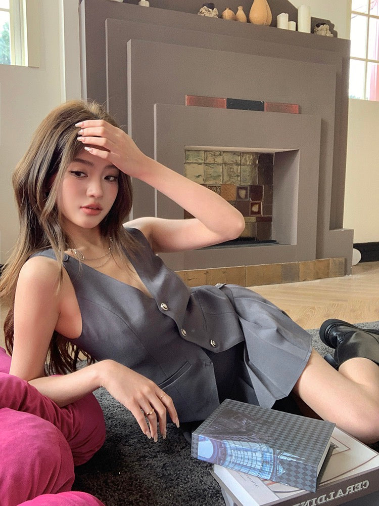 Vintage Preppy Style Vest + Pleated Skirt Set