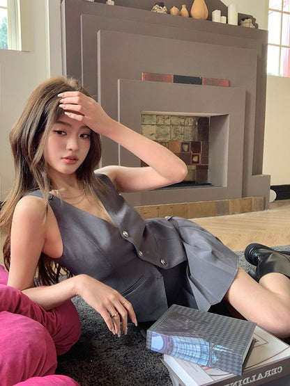 Vintage Preppy Style Vest + Pleated Skirt Set